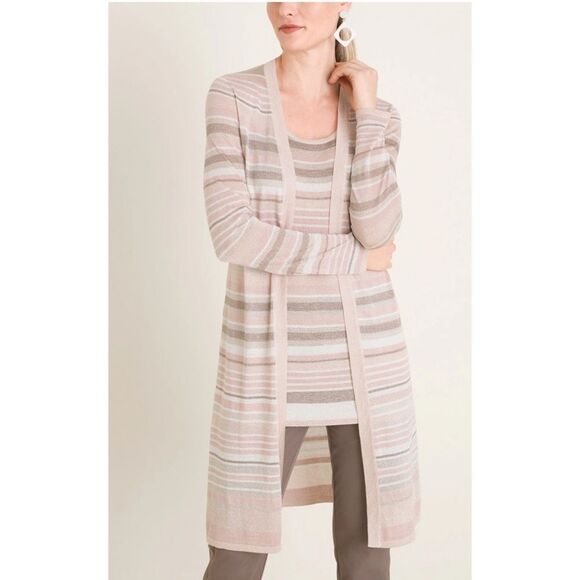 Chico's Blush Taupe‎ Stripe Shimmer Long Cardigan Size 1 US Medium Metallic - Picture 1 of 9